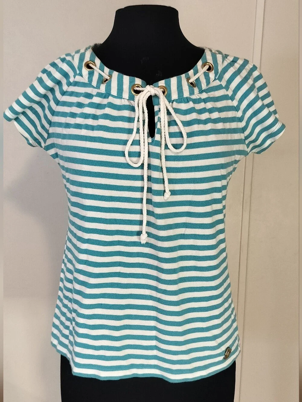 Michael Kors Teal and White Striped Tie-Neck Short Sleeve Top